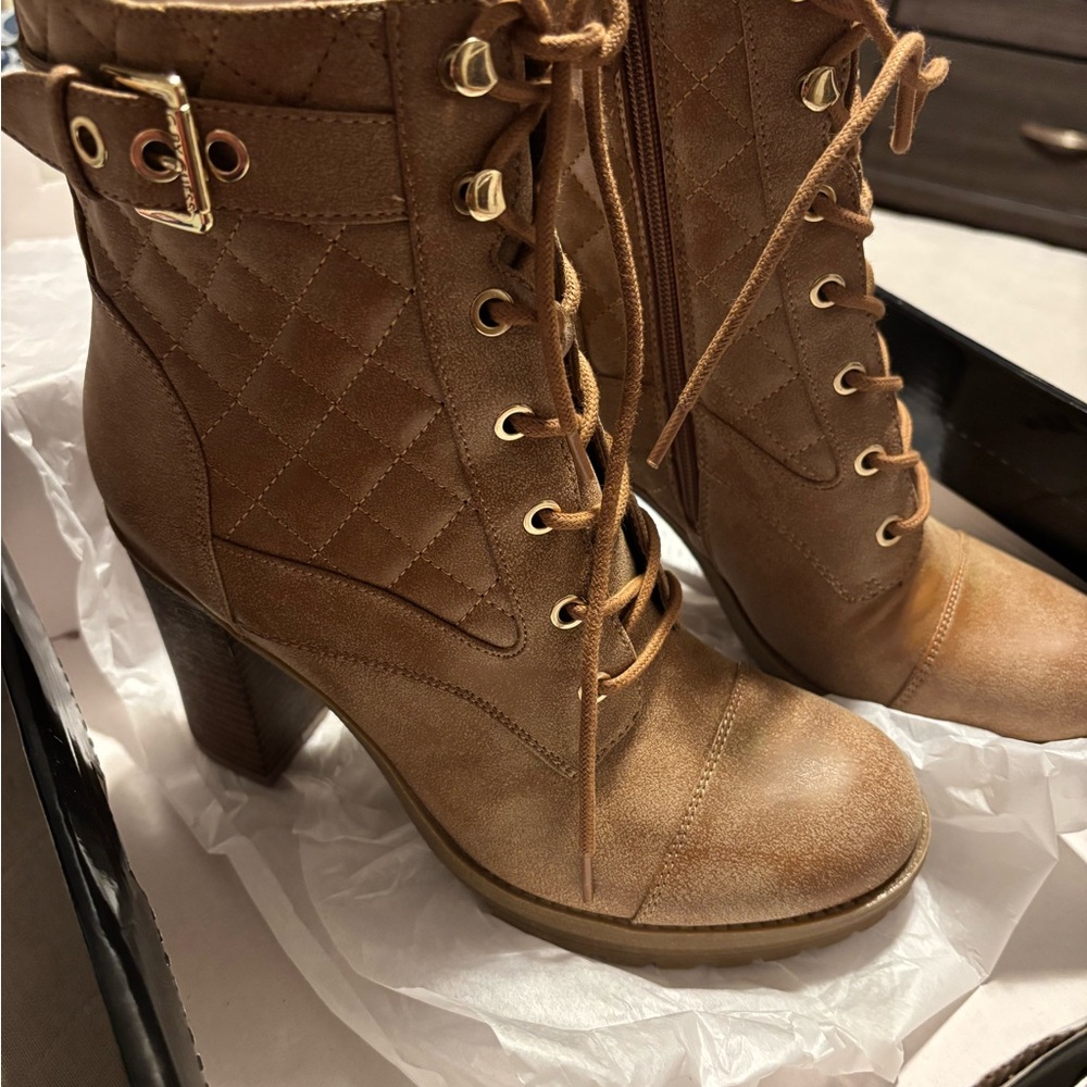 G by Guess Tan Quilted Heeled Boots